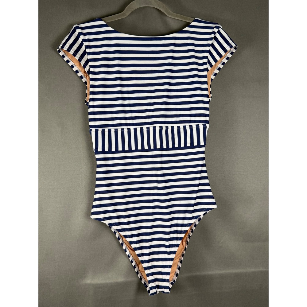 J.Crew One-Piece Swimsuit Women Navy White Striped Cap Sleeve Tie Back BY343